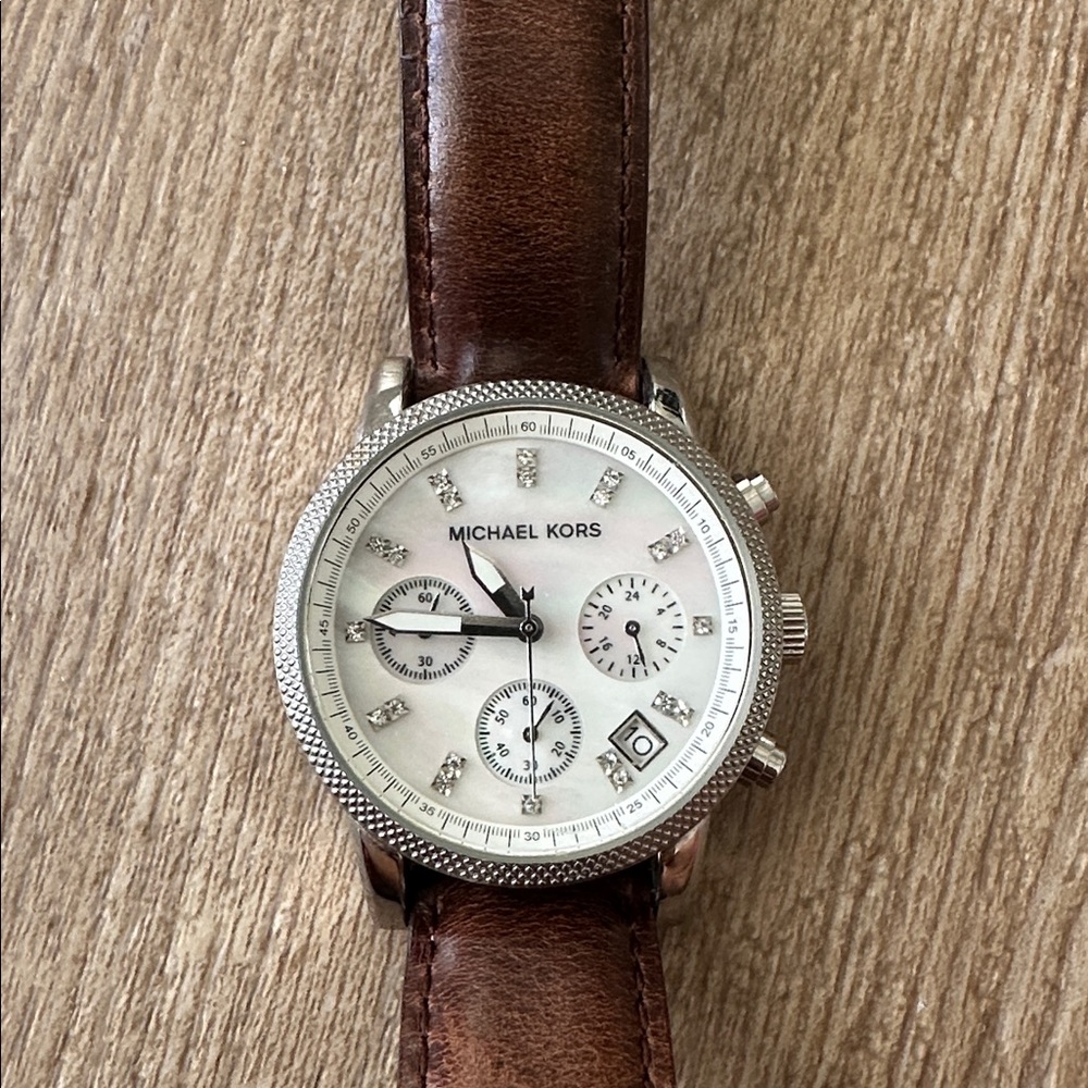 Michael Kors Silver Case Watch with Brown Strap